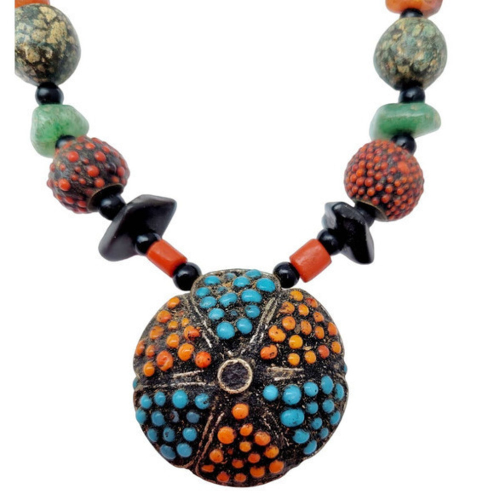 HP Vintage Nepal Tibetan Trade bead Turquoise Coral, Natural‎ Pendant Necklace